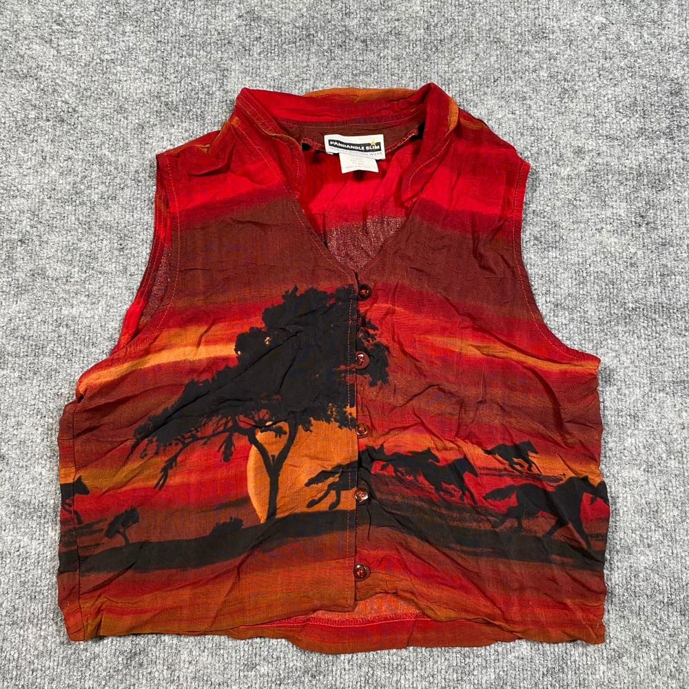 Panhandleβ Slim Womens Sunset Horse Graphic Vest Top Red Rayon Cropped Large USA